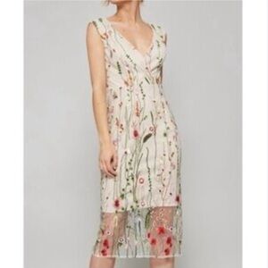 Promesa Embroidered Sheer Overlay Sheath Midi Dress V Neck Sleeveless Midi Large